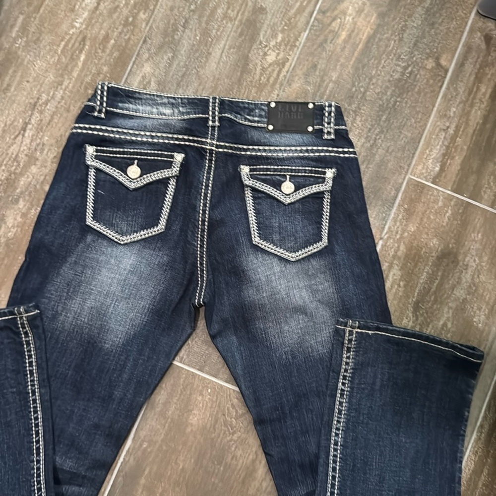 Live Hard Play Hard Design Silver Rhinestone Bootcut Mid-Rise Jeans Sz 30 L 36